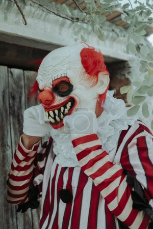 Téléchargez les photos : Gros plan d'un homme, portant un costume rayé blanc et rouge avec un ruf blanc, portant ou enlevant un masque de clown devant la porte d'une maison rustique - en image libre de droit
