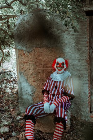 Téléchargez les photos : Un clown roux maléfique, vêtu d'un costume à rayures blanches et rouges avec une ruche blanche, avec un sourire effrayant, est assis devant une vieille maison rustique dans les bois - en image libre de droit