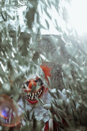 Téléchargez les photos : Gros plan d'un clown roux fou avec un sourire effrayant vu à travers les branches d'un arbre, devant une vieille maison - en image libre de droit