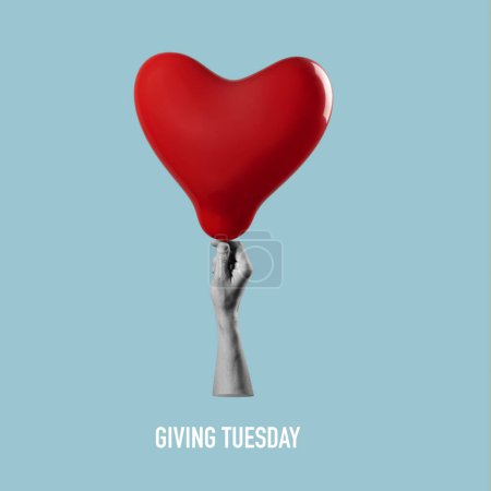Photo for The arm of a man in black and white holding a red heart-shaped balloon on a blue background, and the text giving tuesday, in a square format - Royalty Free Image