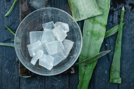 Photo for High angle view of a glass bowl with some pieces of freshly cut aloe vera gel placed on a rustic wooden table in an organic farm - Royalty Free Image