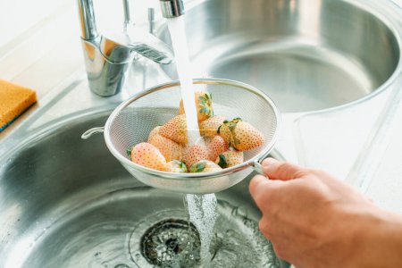 un hombre enjuaga unas fresas blancas colocadas en un colador bajo el agua corriente del grifo de la cocina