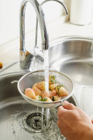 Téléchargez les photos : Gros plan d'un homme rinçant quelques pineberries dans une passoire sous l'eau courante du robinet de la cuisine - en image libre de droit