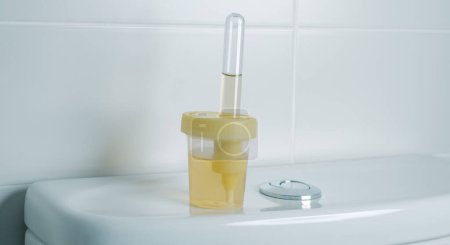 Urinprobe in einem sterilen Behälter auf der Zisterne einer Toilette in einem weiß gefliesten Badezimmer, im Panoramaformat zur Verwendung als Web-Banner oder Header