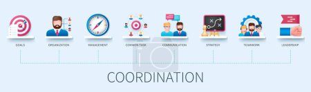 Ilustración de Banner de coordinación con iconos. Objetivos, organización, gestión, tarea común, comunicación, estrategia, trabajo en equipo, liderazgo. Concepto de negocio. Infografía vectorial web en estilo 3D - Imagen libre de derechos