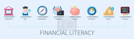 Financial literacy banner with icons. Knowledge, skill, management, business, savings, efficiency, income, planning. Business concept. Web vector infographic in 3D style