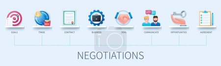 Illustration for Negotiations banner with icons. Goals, trade, contract, business, deal, communicate, opportunities, agreement. Business concept. Web vector infographic in 3D style - Royalty Free Image