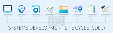 Illustration for Systems development life cycle banner with icons. Analysis, design, development, testing, implementation, documentation, evaluation, maintenance. Business concept. Web vector infographic in 3d style - Royalty Free Image