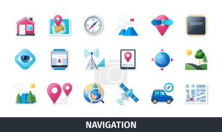 Illustration for Navigation 3d vector icon set. Technology, map, house, route, compass, navigator, destination, pointer, satellite. Realistic objects in 3D style - Royalty Free Image