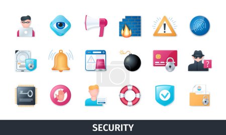 Illustration for Security 3d vector icon set. Fingerprint, password, alarm, firewall, hacker, data protection, cryptography, internet, privacy. Realistic objects in 3D style - Royalty Free Image