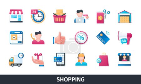 Shopping 3D Vektor Icon Set. Verkauf, Warenkorb, Shop, Support, Online-Shopping, Marketing, Produkt, Einzelhandel, Lieferung. Realistische Objekte im 3D-Stil