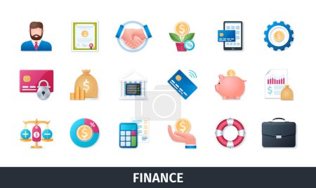 Finanzas 3d icono de vectores conjunto. Comercio, pagos, seguros, negocios, tarjetas de crédito, contabilidad, inversión. Objetos realistas en estilo 3D