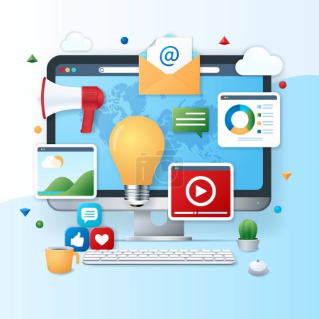 Ilustración de Content marketing banner. Computer with content icons on the screen. Business concept. Web vector illustration in 3D style - Imagen libre de derechos
