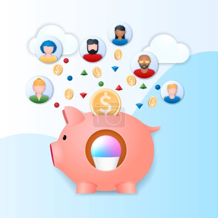 Illustration for Crowdfunding platform banner. People putting money to piggybank. Startup investment concept. Web vector illustration in 3D style - Royalty Free Image