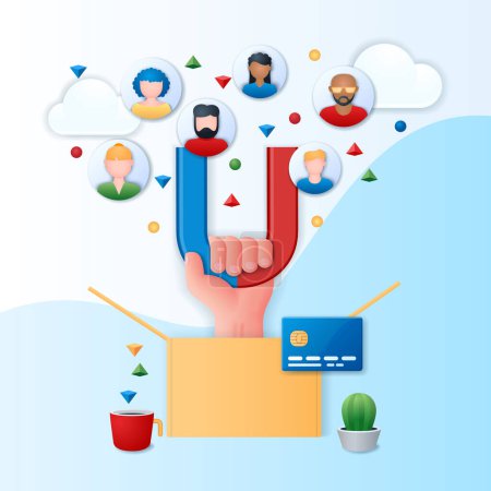 Téléchargez les illustrations : Customer loyalty concept. Gift box, hand holding a magnet and people icons. Marketing program banner. Web vector illustration in 3D style - en licence libre de droit