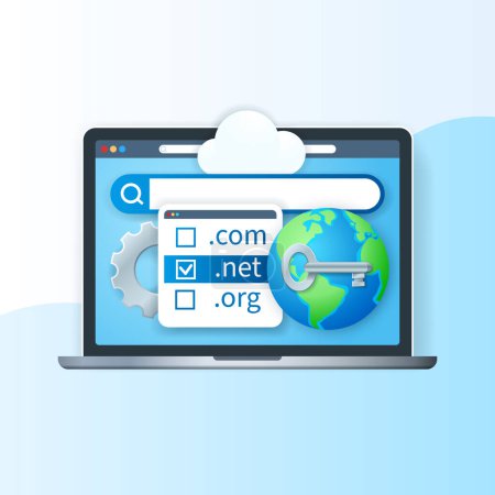 Ilustración de Domain registration concept. Laptop with domain names on screen, globe and search bar icons. Business banner. Web vector illustration in 3D style - Imagen libre de derechos