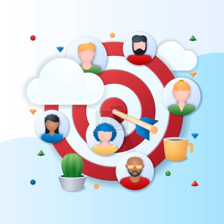 Ilustración de Target customers banner. Target with arrow and people icons. Customer attraction campaign concept. Web vector illustration in 3D style - Imagen libre de derechos