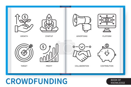 Illustration for Crowdfunding infographics elements set. Advertising, Platform, Profit, Target, Contribution, Startup, Collaboration, Growth. Web vector linear icons collection - Royalty Free Image