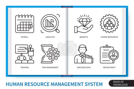 Human resource management system infographics elements set. Payroll, human resources, employee data, recruitment, training, benefits, time management, analytics. Web vector linear icons collection