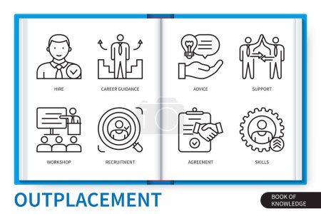 Illustration for Outplacement infographics elements set. Career guidance, hire, advice, recruitment, workshop, support, agreement, skills. Web vector linear icons collection - Royalty Free Image