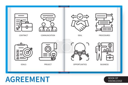Illustration for Agreement infographics elements set. Business, contract, communication, deal, project, opportunities, goals, procedures. Web vector linear icons collection - Royalty Free Image