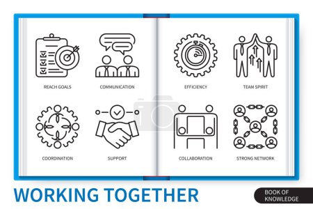 Illustration for Working together infographics elements set. Communication, support, coordination, efficiency, collaboration, strong network, reach goals, team spirit. Web vector linear icons collection - Royalty Free Image