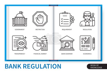 Ilustración de Conjunto de elementos de infografía de regulación bancaria. Transparencia, gobierno, restricción, mercado financiero, economía, requisito, regulación, examinador bancario. Web vector colección de iconos lineales - Imagen libre de derechos