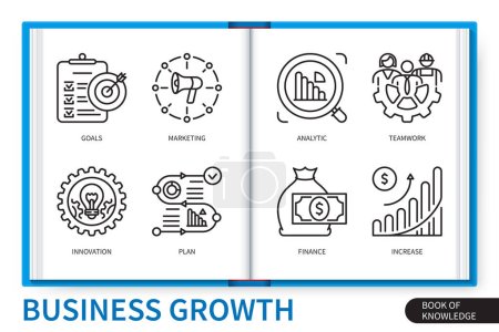 Illustration for Business growth infographics elements set. Goals, finance, plan, analytics, innovation, increase, marketing, teamwork. Web vector linear icons collection - Royalty Free Image
