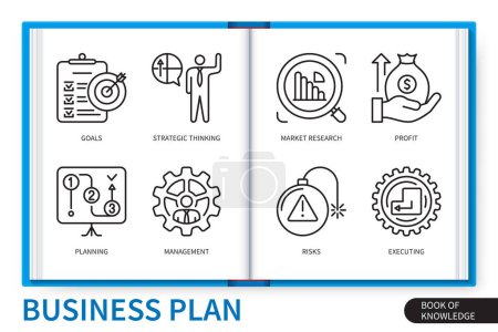 Illustration for Business plan infographics elements set. Goals, strategic thinking, management, market research, risks, planning, executing, profit. Web vector linear icons collection - Royalty Free Image