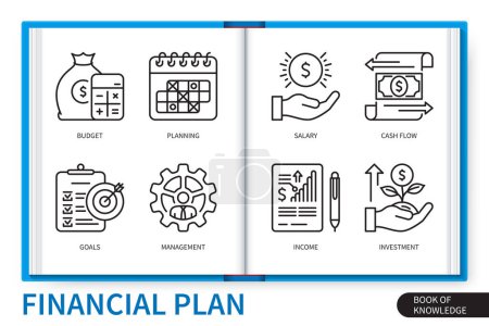 Illustration for Financial plan infographics elements set. Goals, cash flow, income, salary, planning, budget, management, investment. Web vector linear icons collection - Royalty Free Image
