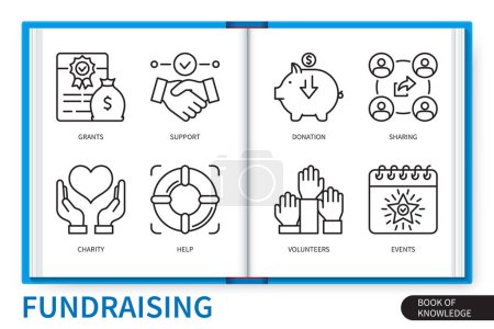 Conjunto de elementos de infografías para recaudar fondos. Voluntarios, becas, apoyo, eventos, caridad, compartir, donación, ayuda. Web vector colección de iconos lineales