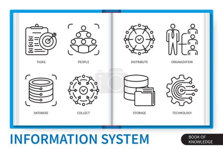 Illustration for Information system infographics elements set. Tasks, organisation, database, collect, storage, distribute, people, technology. Web vector linear icons collection - Royalty Free Image