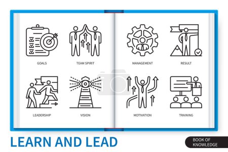 Illustration for Learn and lead infographics elements set. Goals, leadership, training, motivation, team spirit, management, vision, result. Web vector linear icons collection - Royalty Free Image