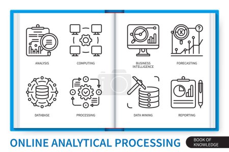 Illustration for Online analytical processing infographics OLAP elements set. Computing, business intelligence, data mining, reporting, processing, analysis, database, forecasting . Web vector linear icons collection - Royalty Free Image