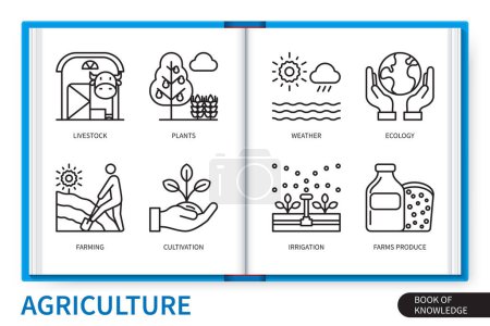 Illustration for Agriculture infographics elements set. Plants, livestock, farming, ecology, farms produce, irrigation, cultivation, weather. Web vector linear icons collection - Royalty Free Image