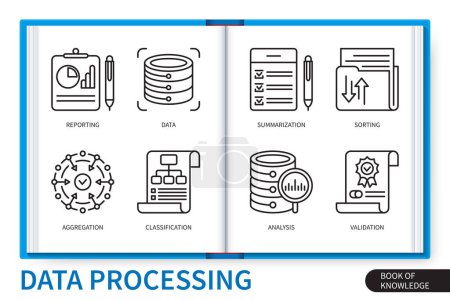 Illustration for Data processing infographics elements set. Data, validation, aggregation, summarisation, analysis, classification, sorting, reporting. Web vector linear icons collection - Royalty Free Image