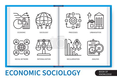 Illustration for Economic sociology infographics elements set. Economic, sociology, secularisation, process, rationalisation, urbanisation, social network, analysis. Web vector linear icons collection - Royalty Free Image