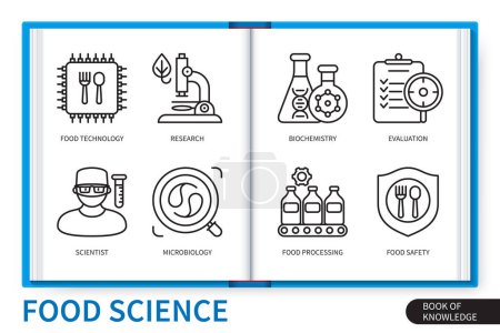 Illustration for Food science infographics elements set. Food technology, research, evaluation, food processing, scientist, microbiology, biochemistry, food safety. Web vector linear icons collection - Royalty Free Image