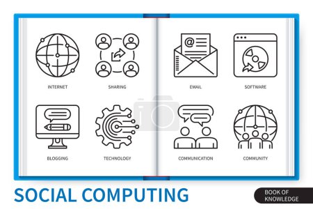 Illustration for Social computing infographics elements set. Technology, community, communication, sharing, blogs, internet, email, software. Web vector linear icons collection - Royalty Free Image