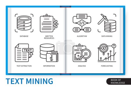Illustration for Text mining infographics elements set. Written resources, data mining, text extraction, algorithm, analysis, information, database, forecasting. Web vector linear icons collection - Royalty Free Image