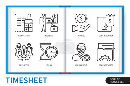 Illustration for Timesheet infographics elements set. Employees, management, business, hours, documentation, payroll, calculation, cost reduction. Web vector linear icons collection - Royalty Free Image