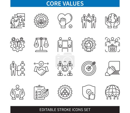 Editable line Core values outline icon set. Society, teamwork, ethic, innovations, leadership, responsibility, commitment, support. Editable stroke icons EPS
