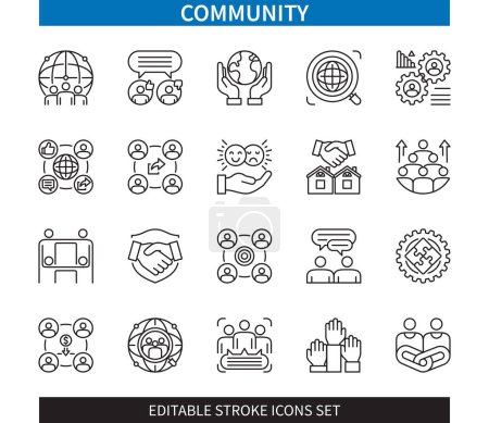 Illustration for Editable line Community outline icon set. Support, society, social media, teamwork, communication, cooperation, trust, neighbours. Editable stroke icons EPS - Royalty Free Image
