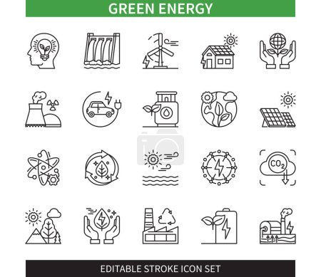 Illustration for Editable line Green energy outline icon set. Nuclear power plant, Solar energy, Wind turbine, Battery, Biogas, Geothermal energy. Editable stroke icons EPS - Royalty Free Image