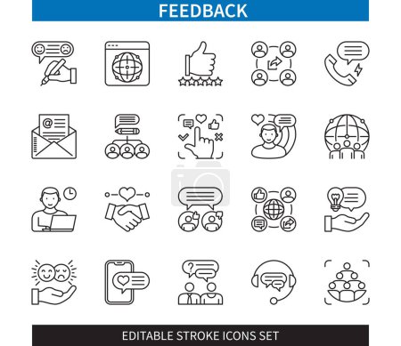 Illustration for Editable line Feedback outline icon set. Followers, response, rating, call center, , comment, email. Editable stroke icons EPS - Royalty Free Image