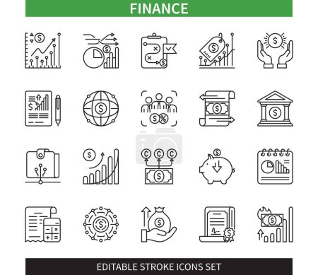 Illustration for Editable line Finance outline icon set. Commerce, payments, inflation, business, savings, accounting, investment. Editable stroke icons EPS - Royalty Free Image