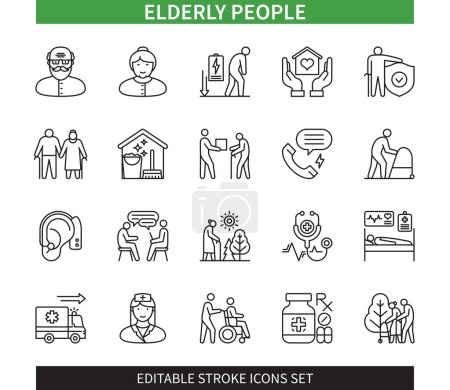 Illustration for Editable line Elderly people outline icon set. Elderly people walking, hearing aid, assisted living, elderly protection, home nurse, home cleaning. Editable stroke icons EPS - Royalty Free Image