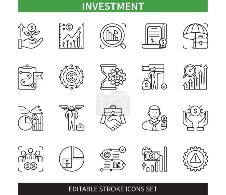Illustration for Editable line Investment outline icon set. Angel investor, stock, inflation, revenue, dividend, accounting, risk management. Editable stroke icons EPS - Royalty Free Image