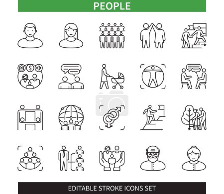 Illustration for Editable line People outline icon set. Human, man, woman, crowd, elderly, family, children, organization, communication. Editable stroke icons EPS - Royalty Free Image