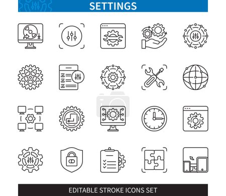 Illustration for Editable line Settings outline icon set. Configuration, system, installation, option, software, restore, secure, modification, devices. Editable stroke icons EPS - Royalty Free Image